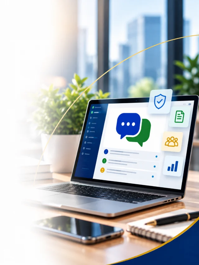 Notebook com painel de gestão e ícones de chat, segurança e equipe